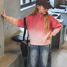 Girls' Twisted Stripe Gradient Korean Style Sweater, Versatile Autumn/Winter Single Piece - Pink - View 2
