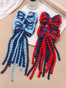 2/4PCS Double Layer Contrast Color Bow Hair Clips, Sweet Curly Satin Ribbon Tassel Alligator Hair Clips, Teenage JK School Style Hair Accessories - Multicolor - View 5