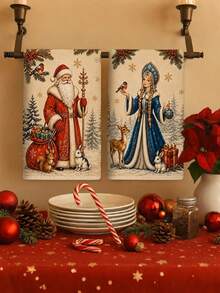 2pcs Christmas Santa & Snow Girl Decorative Towels, Merry Christmas Hand Towels, Dish Cloths, Water Absorbent Towels, Christmas Kitchen Supplies, Christmas Table Decor, Christmas Gifts, Housewarming Gifts, Home Decor, Kitchen Supplies, Christmas Eve Decor, Christmas Room Decor, Christmas Party Supplies, Winter Decor, Party Favors, Christmas Party Decor, 2027 New Year Decor, Christmas Decor, New Year Gifts, Xmas Decor - Santa Claus and Snow Maiden - View 2