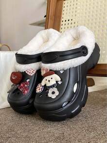 Autumn/Winter New Cute Cartoon Plush Lined Clog Shoes EVA Lightweight Soft Sole Home Outdoor Versatile Commute Warm Plush Slippers - Black - View 3