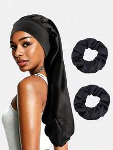 2pcs Women's Elastic Satin Long Bonnet With Ribbon, Hair Protection Cap, Long Hair Head Wrap Suitable For Daily Use - Black/Blue - View 31