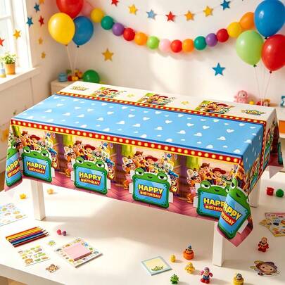 Hasbro 1pc Western Cartoon Pattern Tablecloth, Craft Fair Booth Product Display Table Background, Hobby Fan Gathering Table Atmosphere Decoration, Indoor Celebration Photo Booth Tablecloth, Weekend Theme Party Tabletop Decoration Protective Cover, Holiday Decor Ornament