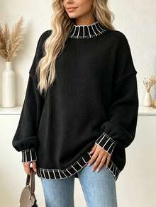 Plus Size Casual Crew Neck Striped Contrast Color Knit Pullover Sweater Black - Black - View 1