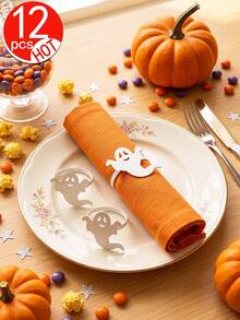12pcs White Ghost Napkin Rings, Minimalist Creative Metal Napkin Buckles, Paired With Orange 45cm Napkins, Suitable For Birthday, Wedding, Thanksgiving, Christmas, Easter, Halloween, Banquet, Buffet Table Elegant Minimalist Decoration - Multicolor - View 9