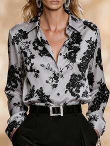 Women's French Satin Floral Print Blouse, Silky Business‑Casual Dual‑Wear Top For Commute & Autumn Vacation - Multicolor - View 1