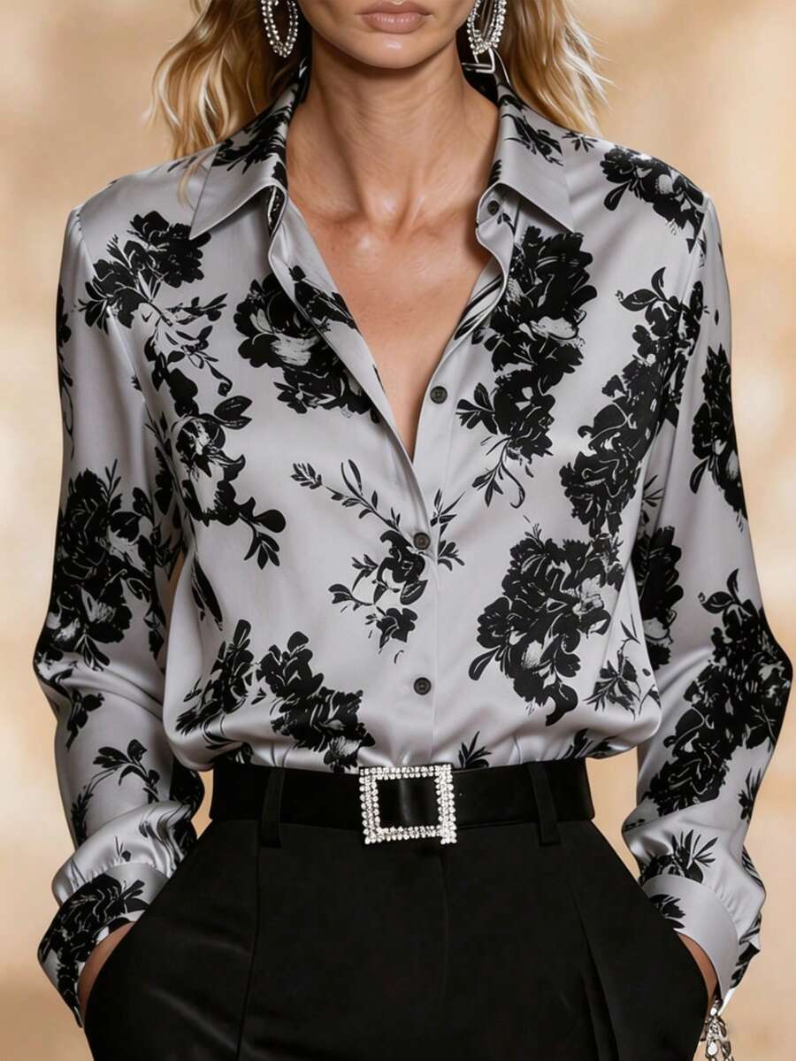 Women's French Satin Floral Print Blouse, Silky Business‑Casual Dual‑Wear Top For Commute & Autumn Vacation - Multicolor - View 1