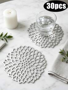 6-30pcs/Set Hollow PVC Small Water Drop Cup Mats, Tabletop Non-Slip Coasters For Holiday, Wedding, Daily Dining Decor - Silver - View 15