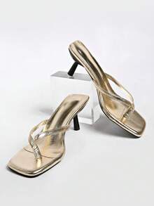 Sandal Hak Tinggi Wanita Model Baru Musim Semi/Panas 2025, Bahan Suede Cokelat, Ujung Bulat, Hak Tebal, Ujung Terbuka, Hak Kitten, Sandal Jepit - Emas - View 11