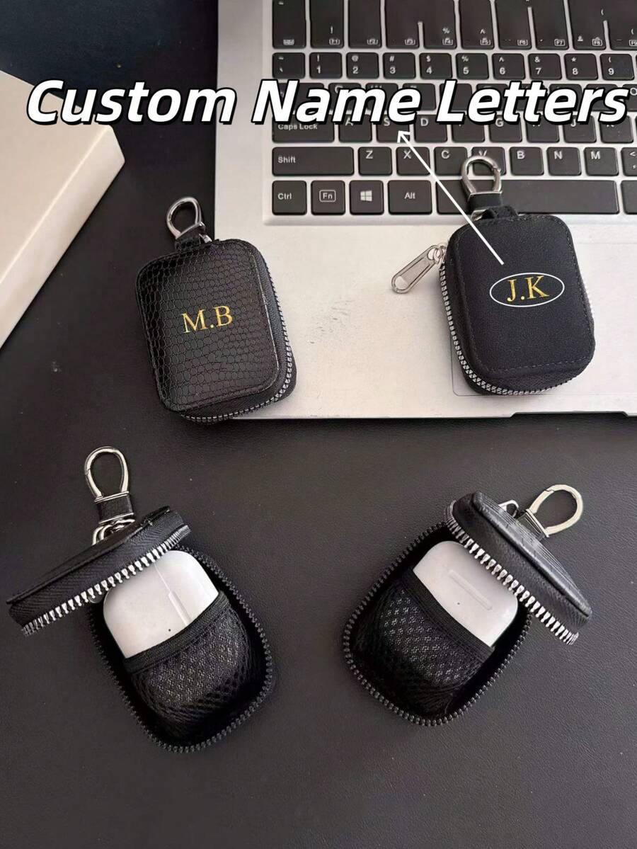 [Customized]Personalized Custom Luxury Name Letter Faux Leather Pattern Earphone Bag Keychain Storage Bag Earphone Case Compatible With 1 2 3 4 Pro 2 Pro Pro 3
