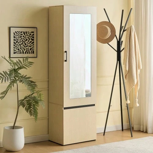 Slim Hallway Cabinet With Mirror And Pull-Out Clothes Rail – Modern Hallway Wardrobe - Wood - View 1