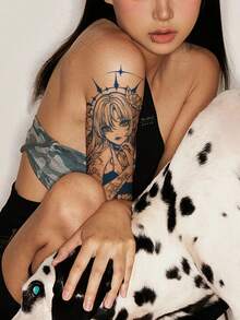 Semi-Permanent Dark Sweet Cool Girl Pattern Tattoo Sticker, Party Holiday DIY Gift, 1-2 Weeks No Fading, Non-Reflective, Arm Chest Leg Temporary Waterproof Tattoo Sticker, 1pc/Pack - Blue - View 3
