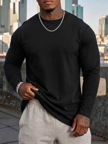 Men's Solid Black Crew Neck Long Sleeve Casual Tee Basic Daily Versatile Top Simple Minimalist Streetwear Fashion Outfit - Black - View 1