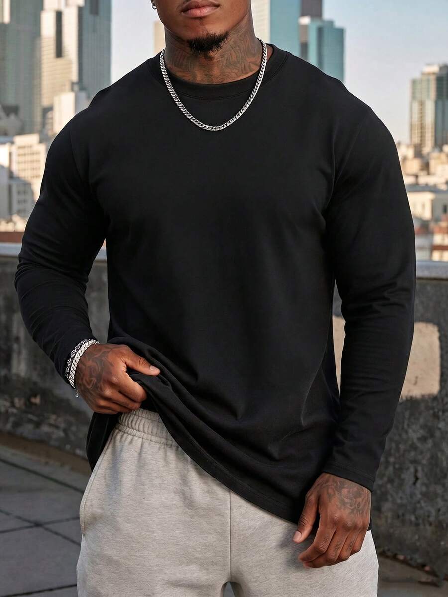 Men's Solid Black Crew Neck Long Sleeve Casual Tee Basic Daily Versatile Top Simple Minimalist Streetwear Fashion Outfit - Black - View 1