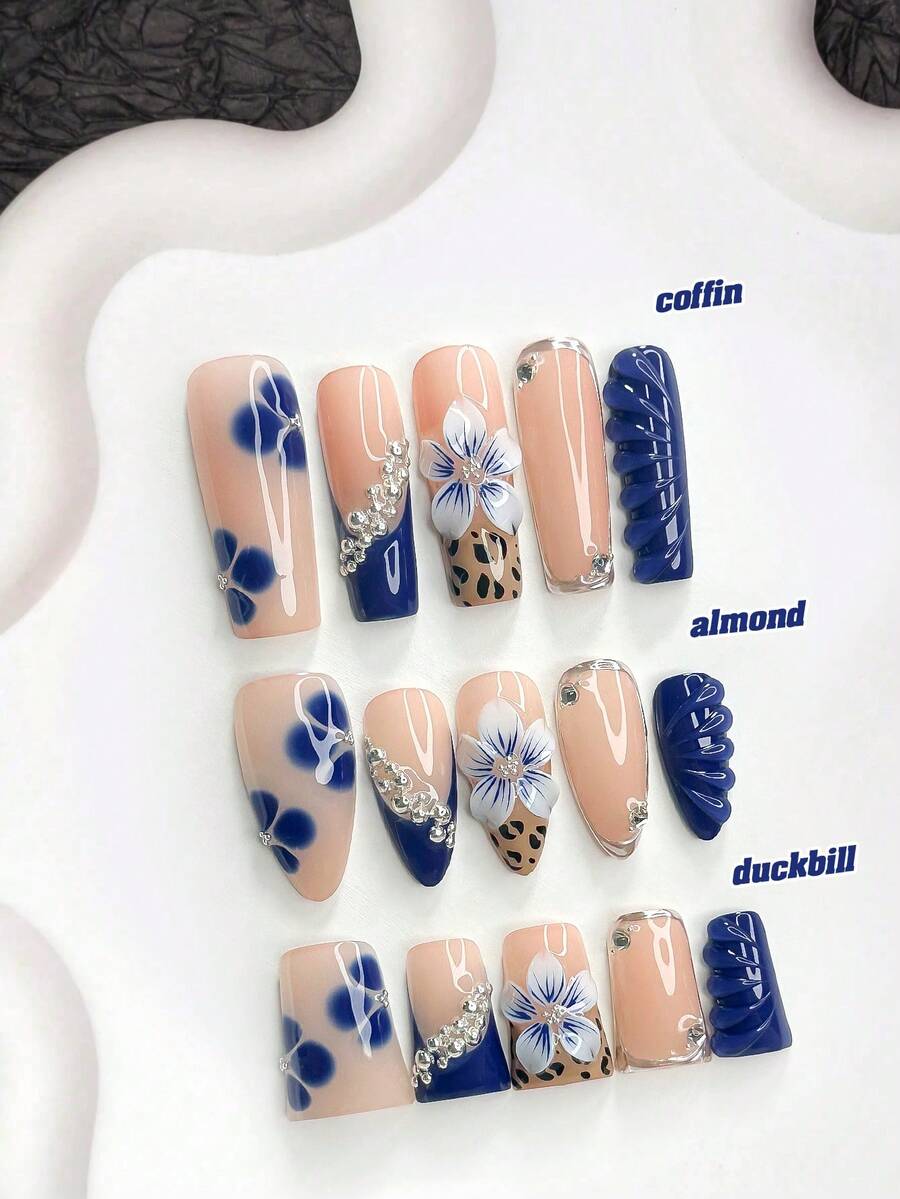 10片裝休閒風手工穿戴甲,Poly Gel美甲套組,手繪花卉與淚滴圖案,藍色與棕色指甲油,島嶼度假風,附美甲工具,3種尺寸可選,杏仁形、鴨嘴形、棺材形,適合派對、跳舞、日常配戴 - 彩色 - 查看 1