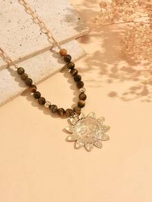 1pc Vintage Casual Tiger Eye Stone Beaded Sunflower Pendant Necklace, Fashionable Versatile Women's Neck Jewelry Suitable For Daily Wear, Dating, Party And Vacation, Tiger Eye Stone Pattern Is Random - Multicolor - View 3