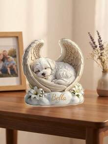 1pc Customized Name Sleeping Dog Angel Wings Acrylic Plaque, Personalized Pet Name Lily Flower Desktop Ornament, Pet Memorial Keepsake, Angel Puppy Home Decor, Pet Remembrance, Pet Owner/Dog Lover's Dog Funeral Gift, Guardian Angel Puppy - Multicolor - View 4