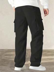 Men's Black Plus Size Wide Leg Cargo Pants, FS Letter Patch Large Side Pockets Drawstring Loose Lightweight Streetwear Long Pants Sports Fall - Black - View 2