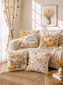 Autumn Watercolor Pumpkin & Floral Cushion Covers 4pcs Set, Single-Sided Printed Peach Skin Velvet Polyester Material, 45*45CM Throw Pillow Covers For Modern Fabric Sofa Indoor Decor, Party Decoration, Gift Giving - Multicolor - View 2