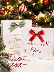 Personalized Custom Name Christmas Gift Paper Bag With Satin Bow Merry Christmas Star Print White Portable Handbag Holiday Party Gift Packaging Present Storage Bag Custom Gift Bags - Multi-color 6 - View 2