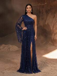 YISIKADO Asymmetrical Neck Split Thigh Sequin Formal Dress Elegant Long Sleeve Prom Evening Wedding Guest Gown, For Graduation, Dinner Party Dress Spring Fall - Navy Blue - View 2