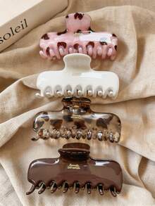 4pcs/1pc Women's 11.5cm/4.53in Large Square Pink White Tortoise Brown Leopard Print Plastic Lightweight Hair Claw Clips, Fashion Versatile Premium Elegant Minimalist Solid Color Hair Accessories For Daily Wear, Casual, Party, Commute, Vacation, Hair Styling, Washing Face, Bathing, Makeup, Outfit Matching, Hair Clips (Letters Are Single-Sided And Have No Meaning) - Multicolor - View 1