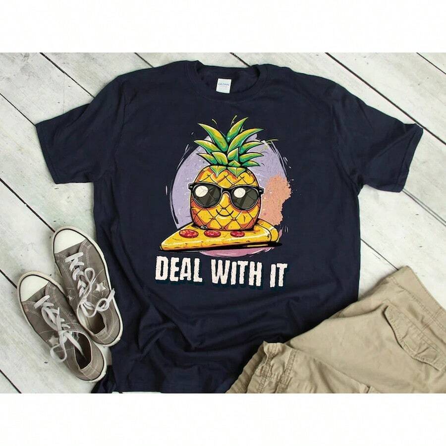 T-shirt Pizza Ananas : Tee-shirt amusant et kawaii pour les gourmets - Noir - Voir 1