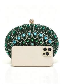 Luxury Peacock Rhinestone Evening Clutch, Oval Hard Frame Bag, Rhinestone Ball Lock Handle, Women's Fashion Handbag, Suitable For Weddings And Evening Events - Green - View 10