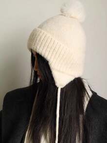 1pc Women's Knitted Pom Pom Beanie Hat, Fashion Warm Earflap Flight Hat, Korean Style Face-Slimming Cold Weather Cap, Ski Ushanka Hat, Autumn/Winter - Multicolor - View 8