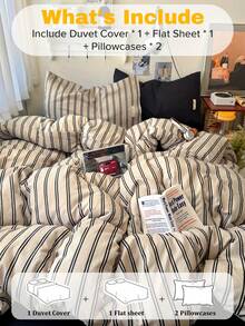 Minimalist Beige & Black Striped 4-Piece Bedding Set, Soft Wrinkled Texture Polyester, Neutral, Includes 1 Duvet Cover, 1 Bed Sheet, 2 Pillowcases, Duvet Insert And Pillow Inserts Not Included - Apricot - View 5
