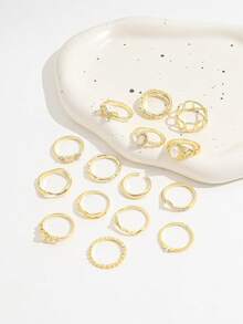 15 piezas de anillos vintage de perlas falsas y cristales, anillos apilables de banda lisa con diseños geométricos cuadrados, lazos y ondas en color dorado, joyería de mano para mujeres - Dorado - Ver 2
