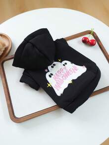 PETCIRCLE 1件寵物衣服 秋冬新款小狗幼犬貓用可愛字母刺繡連帽帽帽衛衣，萬聖節節慶氛圍 - Happy - 黑色 - 查看 9