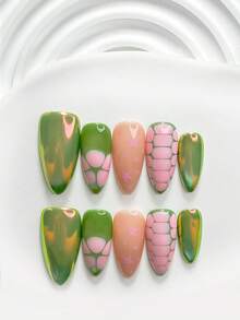 10片裝甜酷撞色風手工穿戴甲，Polygel美甲套組，星星設計，粉綠漸層極光風，含美甲工具，3種尺寸可選，方型、短方型、杏仁型，適合派對、舞蹈、日常配戴 - 彩色 - 查看 18