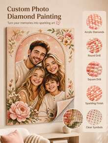 Personalisiertes Familienfoto Diamantmalerei, individuelles Porträt Wandkunst mit Blumenillustration Stil, Acrylbohr DIY Leinwand Set, Rundbohr und Quadratbohr Optionen für Wohnzimmer, Schlafzimmer, Familiengeschenk Dekoration - Verschiedenfarbig - Übersicht 6