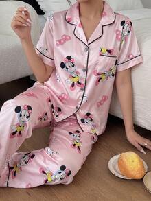 Disney 2-Piece Set Cartoon Print Casual Versatile Short Sleeve Button-Front Top Elastic Waist Long Pants Women's Pajama Set Suitable For All Seasons Home Wear - Pink - View 6