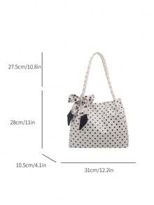 1pc New Large Capacity Polka Dot & Scarf Decor Design Dual Handle Tote Bag, Suitable For Work And Commuting, School Bag, Large Capacity, Portable, Classic Casual, Business Casual, Suitable For Teenage Girls, College Students, White-Collar Professionals, Perfect For Work, Back To School, Middle School, High School, University, Vacation, Fashion Zipper Tote Bag - White - View 3