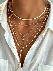 5pcs/4pcs Vintage Elegant Minimalist Bohemian Style Women's Multi-Layer Baroque Pearl Necklace, Suitable For Daily Wear, Party, Date, Wedding, Gift - Gold - View 5