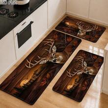 1pc, 2pcs, 3pcs, 2D Flat Kitchen Floor Mat Set, Woodland Deer Scene Floor Rug, Autumn Forest Hunting Lodge Decorative Kitchen Mat, Easy-To-Clean Indoor Bathroom Mat, Suitable For Kitchen, Bathroom, Laundry Room, Dining - Multicolor - View 1