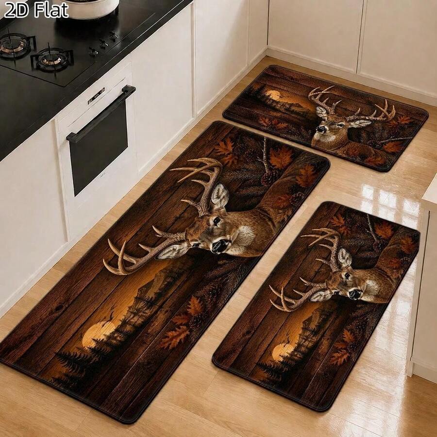 1pc, 2pcs, 3pcs, 2D Flat Kitchen Floor Mat Set, Woodland Deer Scene Floor Rug, Autumn Forest Hunting Lodge Decorative Kitchen Mat, Easy-To-Clean Indoor Bathroom Mat, Suitable For Kitchen, Bathroom, Laundry Room, Dining - Multicolor - View 1