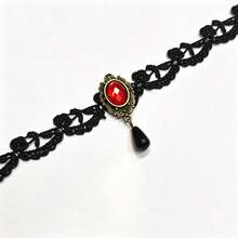 Dark Style Hollow Lace Choker Necklace With Vintage Bronze Frame, Red Rhinestone Teardrop And Black Pendant - Multicolor - View 10