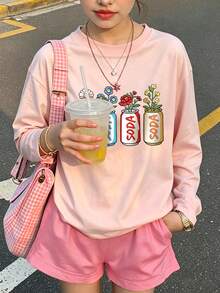 Girls Long Sleeve T-Shirt, Cute Soda Can Floral Graphic Casual Top For Fall - Pink - View 2