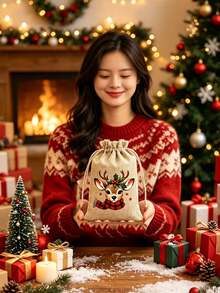 5pcs/1pc Christmas Linen Drawstring Gift Bags – Suitable For Christmas Parties, Christmas Tree Decorations, Themed Parties, Thanksgiving, New Year, Christmas Party Favors, Holiday Parties, And Festive Scene Decorations. - One Size Fits All - View 4