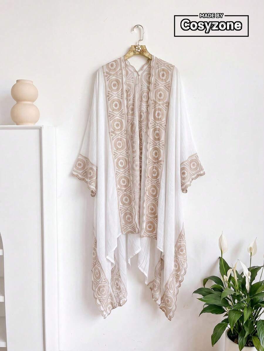 1件極簡幾何圖案刺繡開襟披肩女款和服/圍裙,春夏波希米亞風外套,海灘度假防曬裝飾刺繡開襟衫,適合日常搭配,送禮首選 - 白色 - 查看 1
