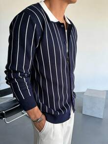 WAIT HIM Men's Casual Striped Crew Neck Cardigan - Blue - View 3