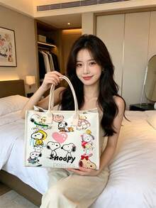 1pc Large Capacity Snoopy Color Block Canvas Tote Bag, Casual Style, Durable Shoulder Strap And Sturdy Fabric, Foldable Lightweight Handbag Suitable For Women, Perfect For School, Work, Gym, Beach And Other Occasions - Rectangle - View 9