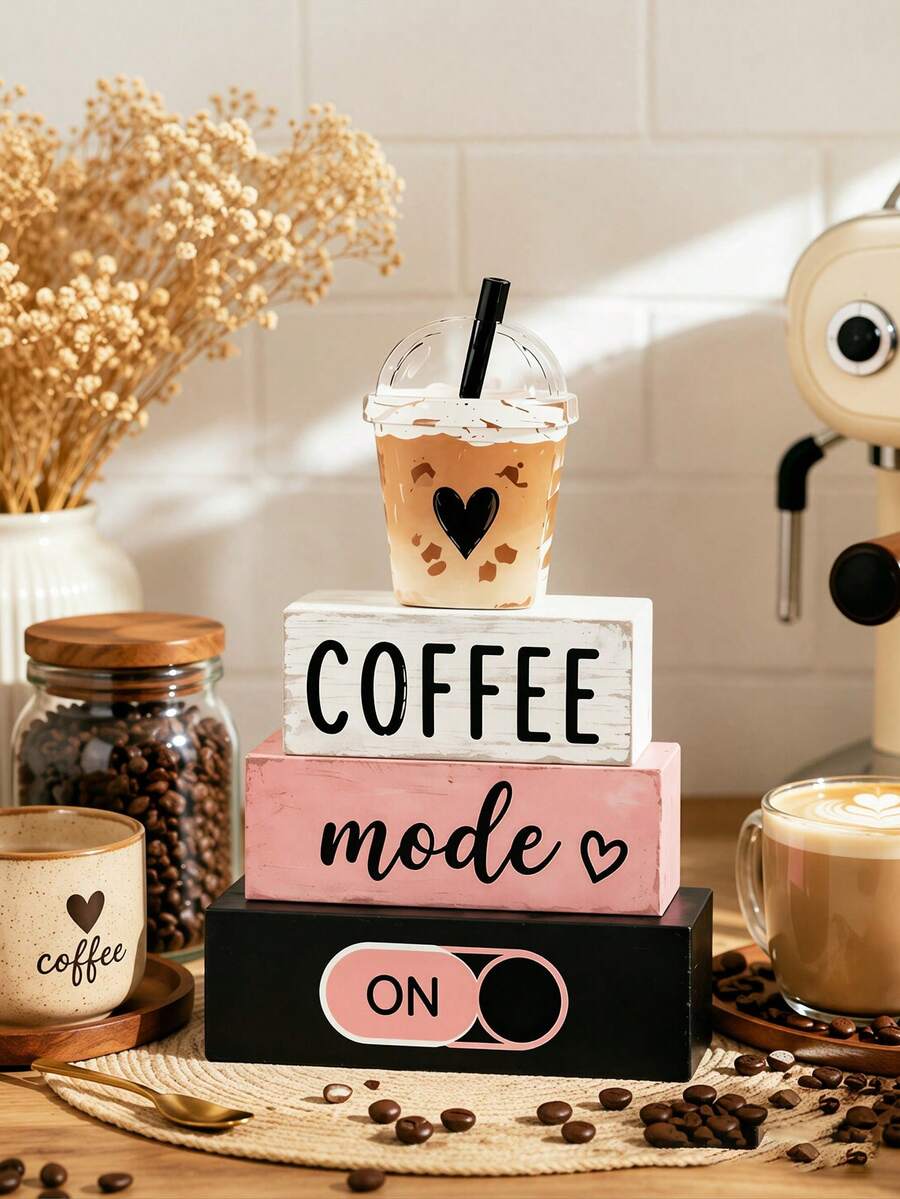 4件組 Coffee Mode ON 3D冰咖啡杯頂飾,鄉村農舍風粉黑咖啡桌裝飾牌,式木製裝飾,適用於分層托盤、咖啡吧、檯面、層架、廚房咖啡區居家裝飾,咖啡吧裝飾,廚房裝飾 - H - 查看 1