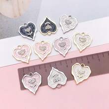 5/10pcs Heart Metal Charms, Wavy Irregular Heart Pendant With Crystal Rose, Two-Tone For Jewelry Keychain Bag Ornament DIY Craft Accessories - Multicolor - View 9