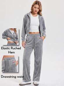 KyrLssu Women's Solid Color Hooded Zip-Up Fleece 2-Piece Set, Autumn/Winter Casual Streetwear - Light Grey - View 1