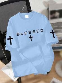 男童極簡信仰寬鬆版T恤，印有「BLESSED」字樣與十字圖案，夏季返校休閒上衣，街頭風日常休閒款 - 淺藍色 - 查看 1