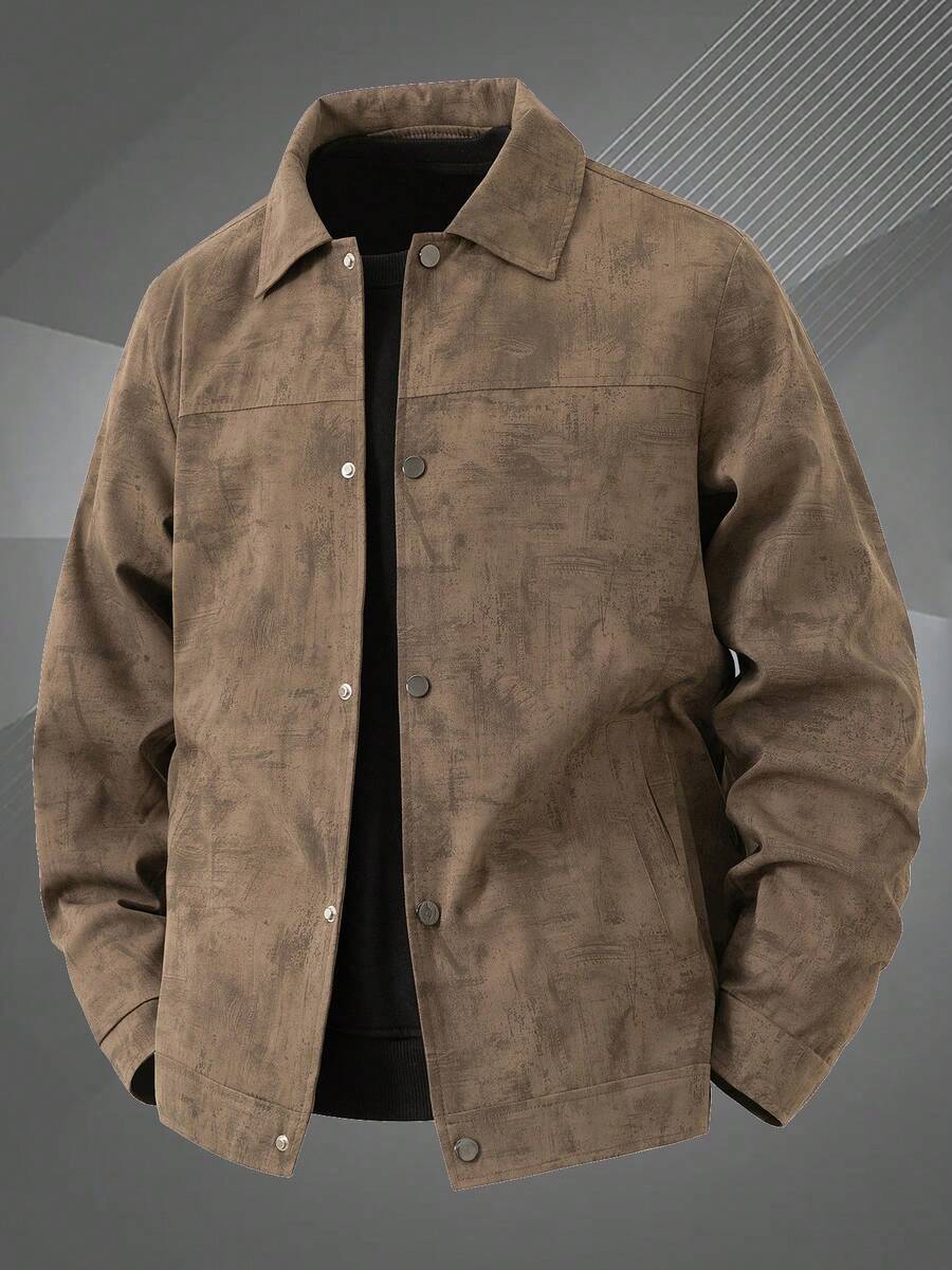 Men's Vintage Distressed Print Turn-Down Collar Thin Jacket, Single-Breasted Light Business Casual Outerwear, Spring/Autumn Daily Commute Long Sleeve Top - Brown - View 1