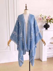 1件優雅花卉刺繡開襟和服式圍裙，波希米亞風春夏外套，海灘度假防曬罩衫，裝飾性刺繡開襟衫，適合日常穿著，完美禮物選擇 - 藍色 - 查看 2